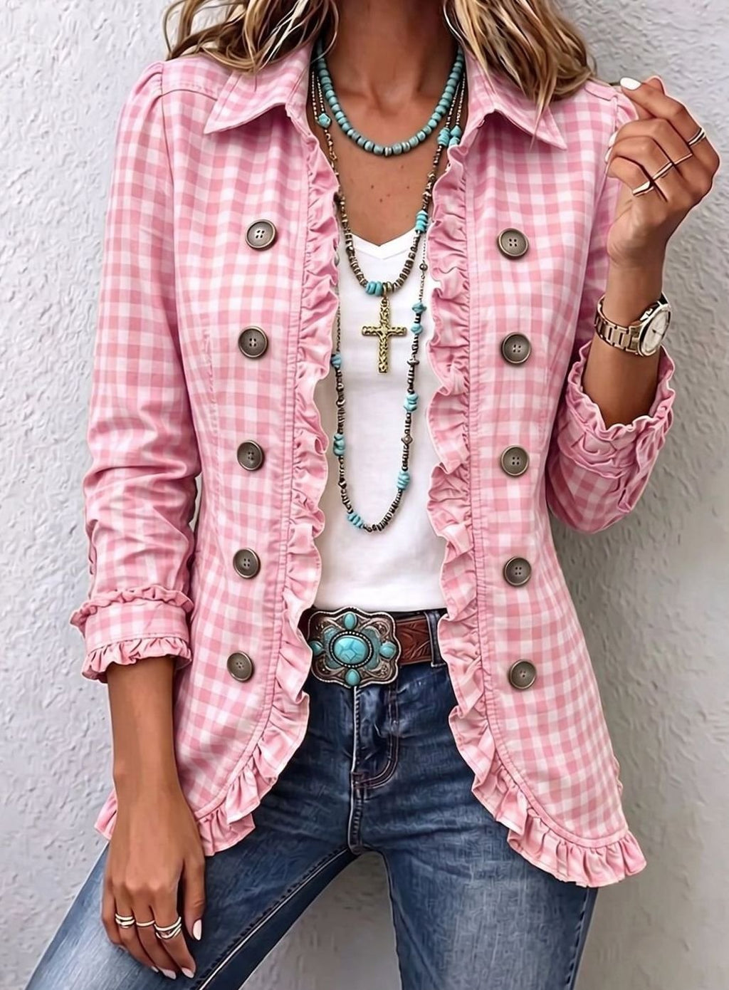 Women's Gingham Ruffle-Trim Double-Button Long-Sleeve Jacket - Pink