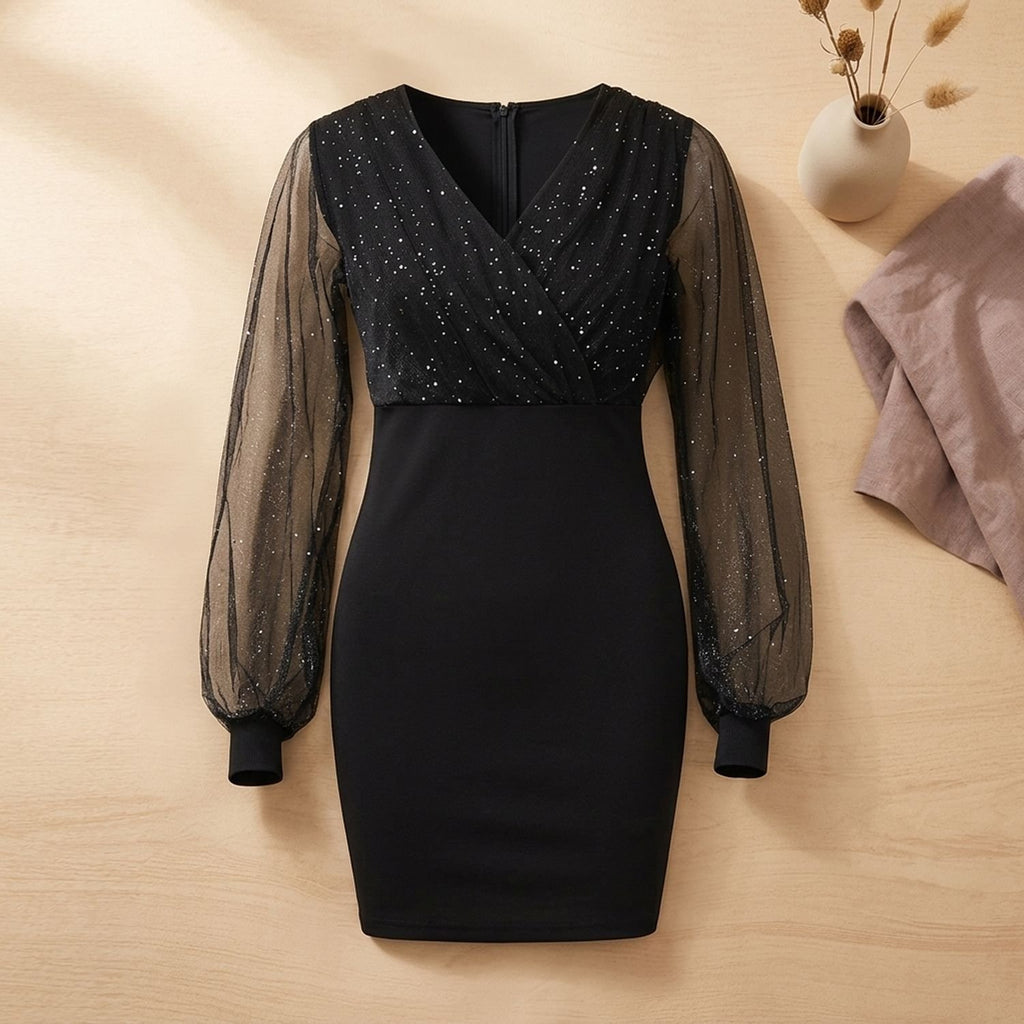 Women's Glitter Mesh V-Neck Long Sleeve Bodycon Christmas Party Dress