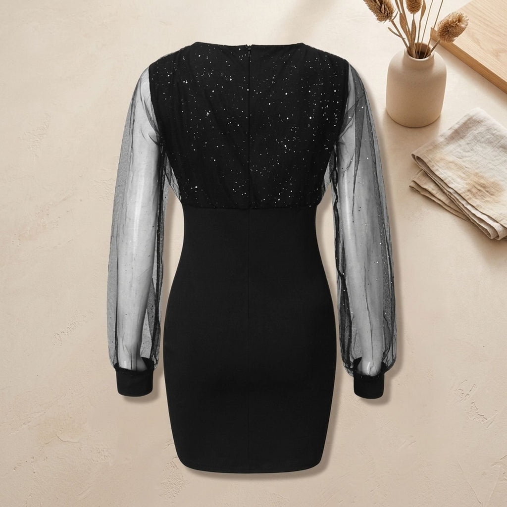 Women's Glitter Mesh V-Neck Long Sleeve Bodycon Christmas Party Dress