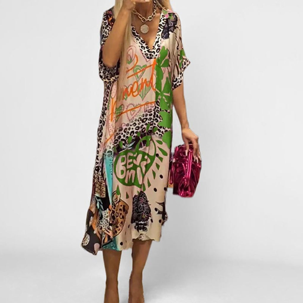 Women's Graphic Print V-Neck Flowy Midi Tunic Dress - Grün