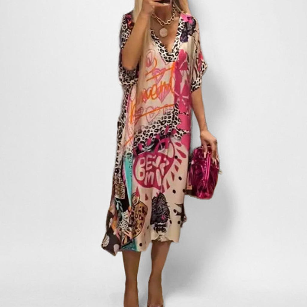 Women's Graphic Print V-Neck Flowy Midi Tunic Dress - Rosa