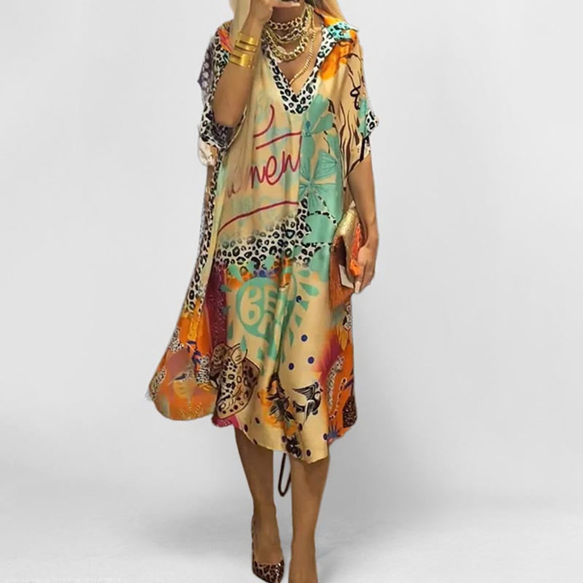 Women's Graphic Print V-Neck Flowy Midi Tunic Dress - Blau