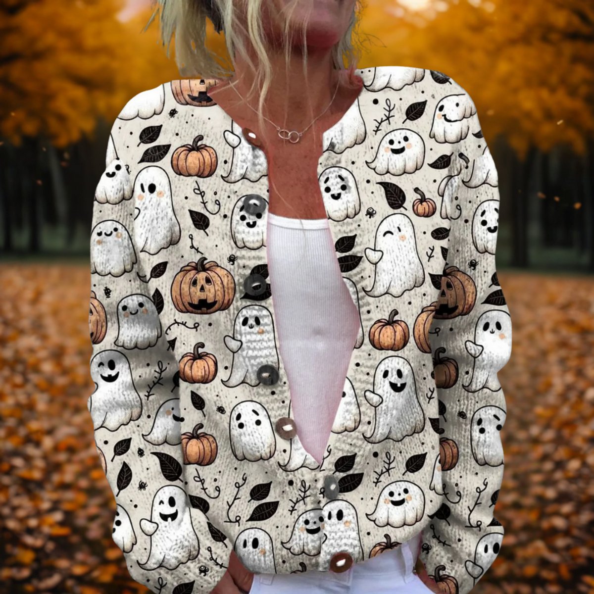 Women's Halloween Ghost Pumpkin Open-Front Knit Cardigan - MultiColor