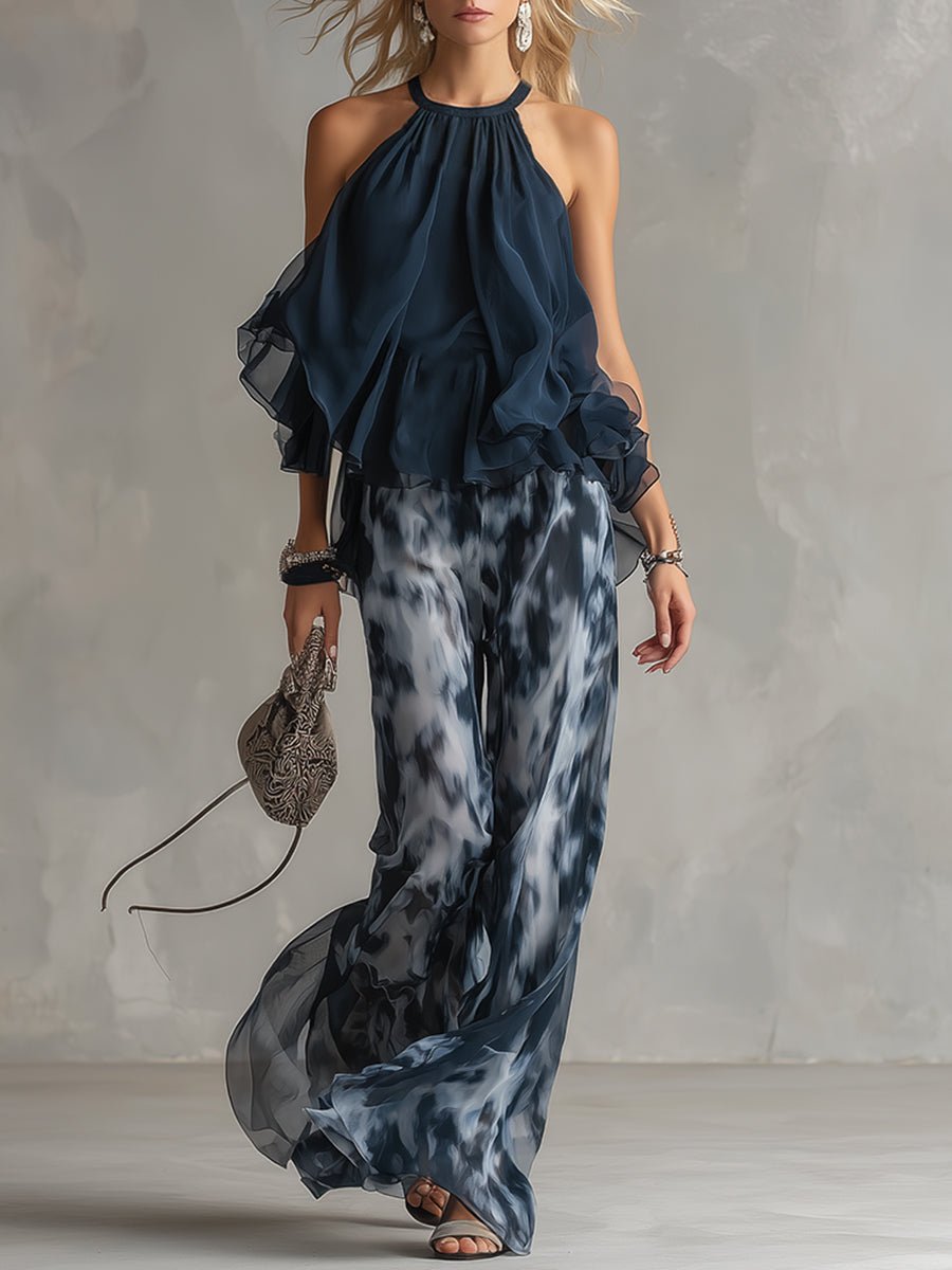 Women's Halter Neck Wide-Leg Two-Piece Set - Navy Blue