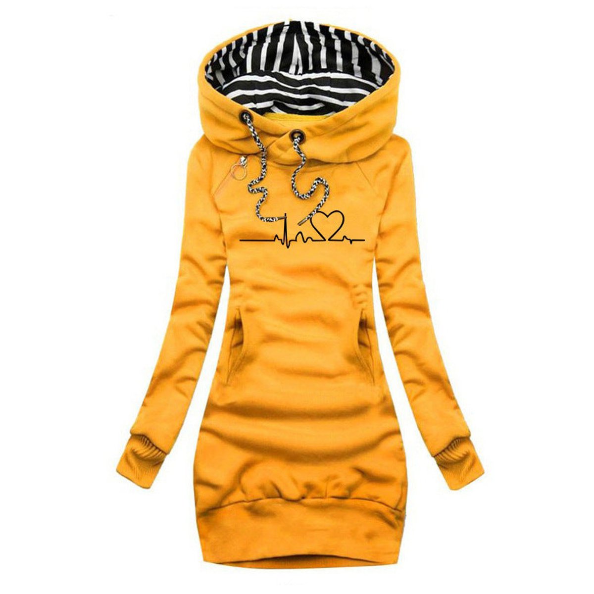 Women's Heartbeat Print Hooded Long Sleeve Dress Pullover - Yellow