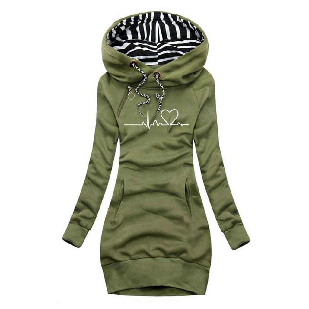 Women's Heartbeat Print Hooded Long Sleeve Dress Pullover - Green