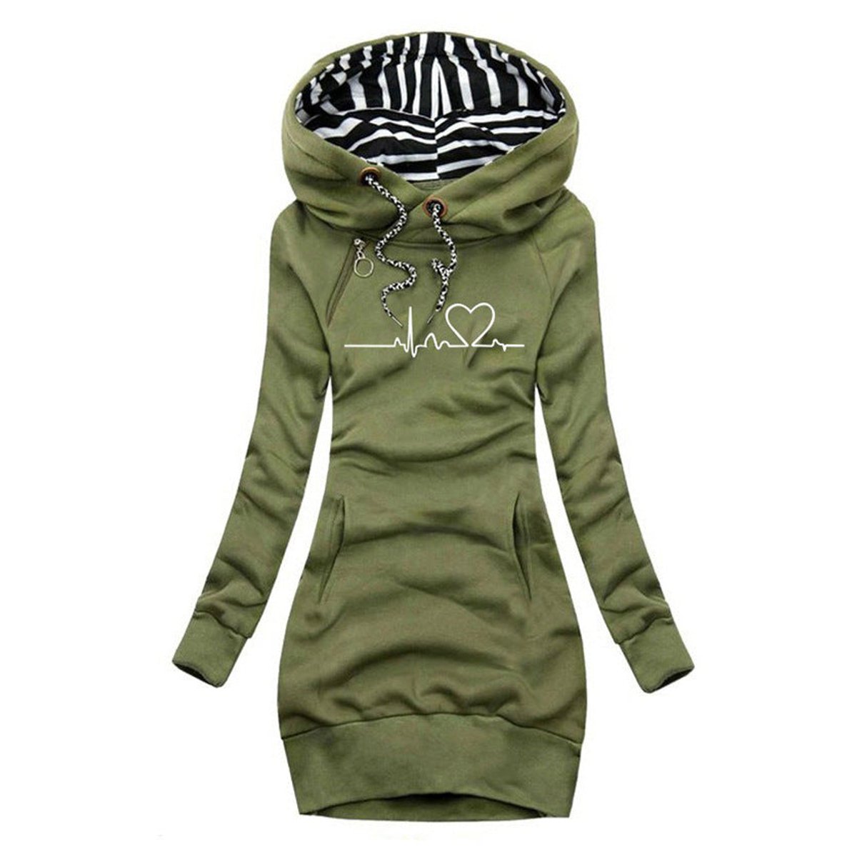 Women's Heartbeat Print Hooded Long Sleeve Dress Pullover - Green