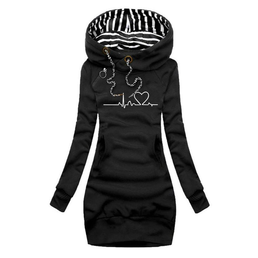 Women's Heartbeat Print Hooded Long Sleeve Dress Pullover - Black