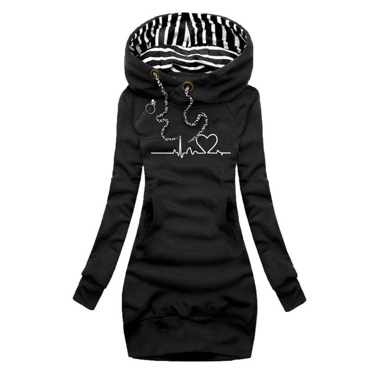 Women's Heartbeat Print Hooded Long Sleeve Dress Pullover - Black