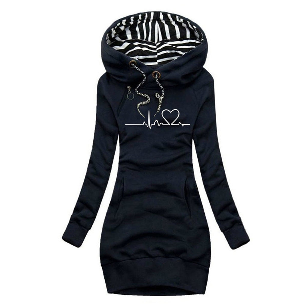 Women's Heartbeat Print Hooded Long Sleeve Dress Pullover - Blue