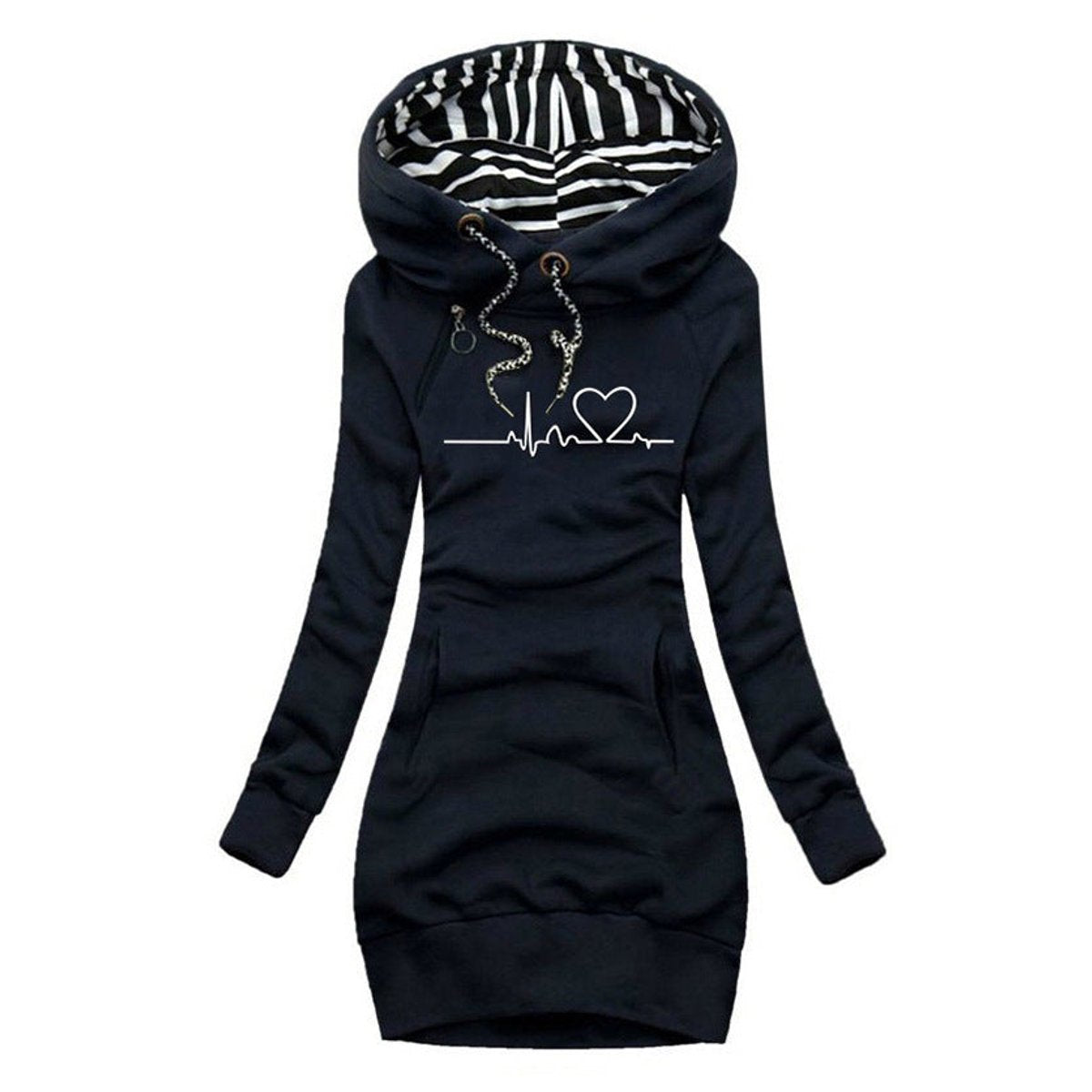 Women's Heartbeat Print Hooded Long Sleeve Dress Pullover - Blue