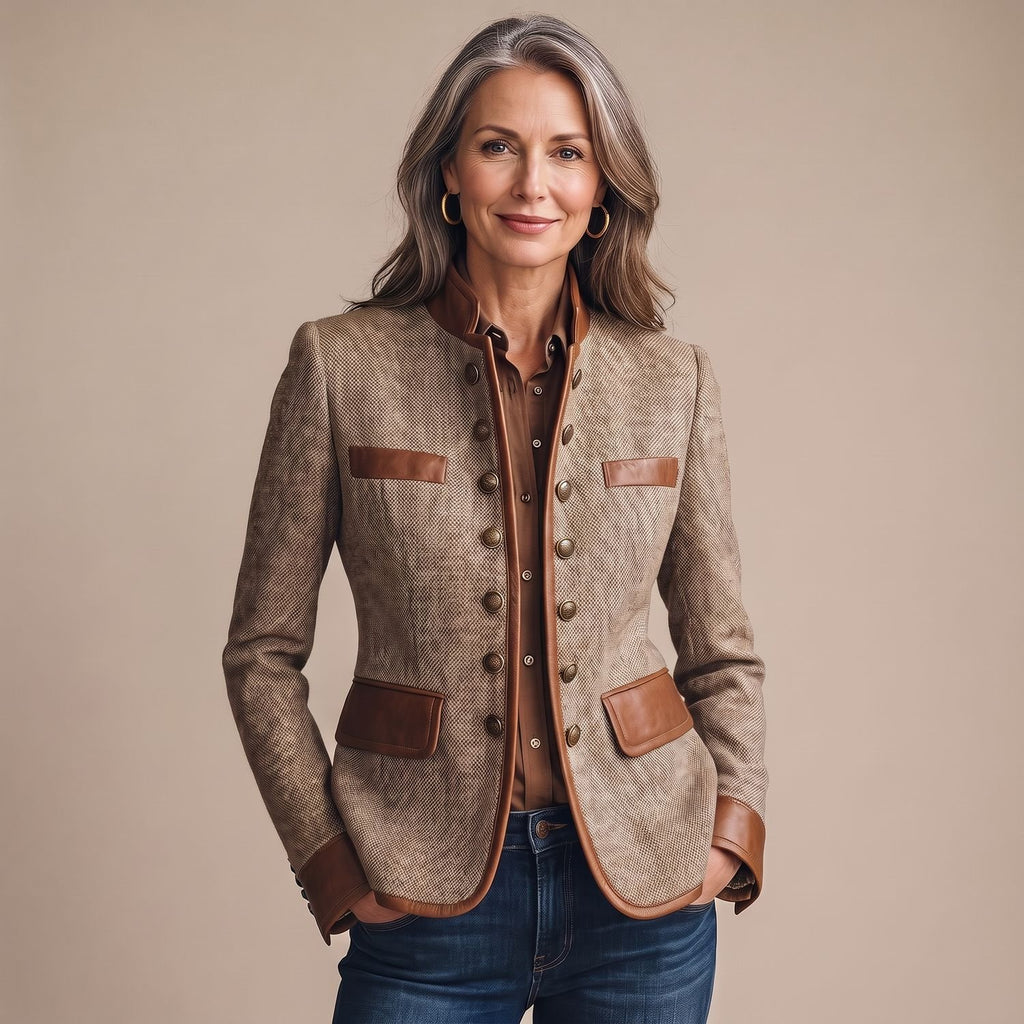 Women's Herringbone Faux Leather-Trim Button-Front Structured Blazer