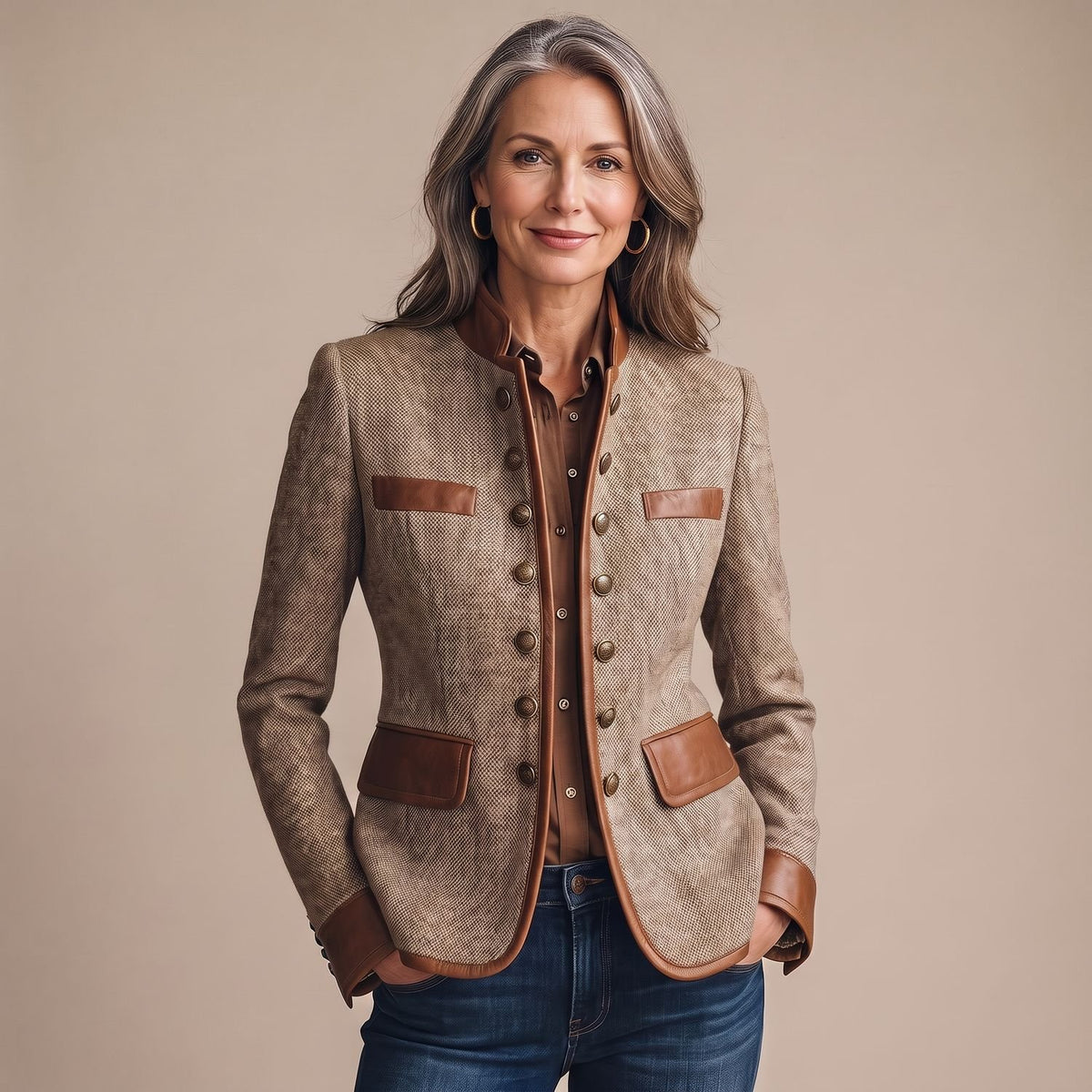 Women's Herringbone Faux Leather-Trim Button-Front Structured Blazer