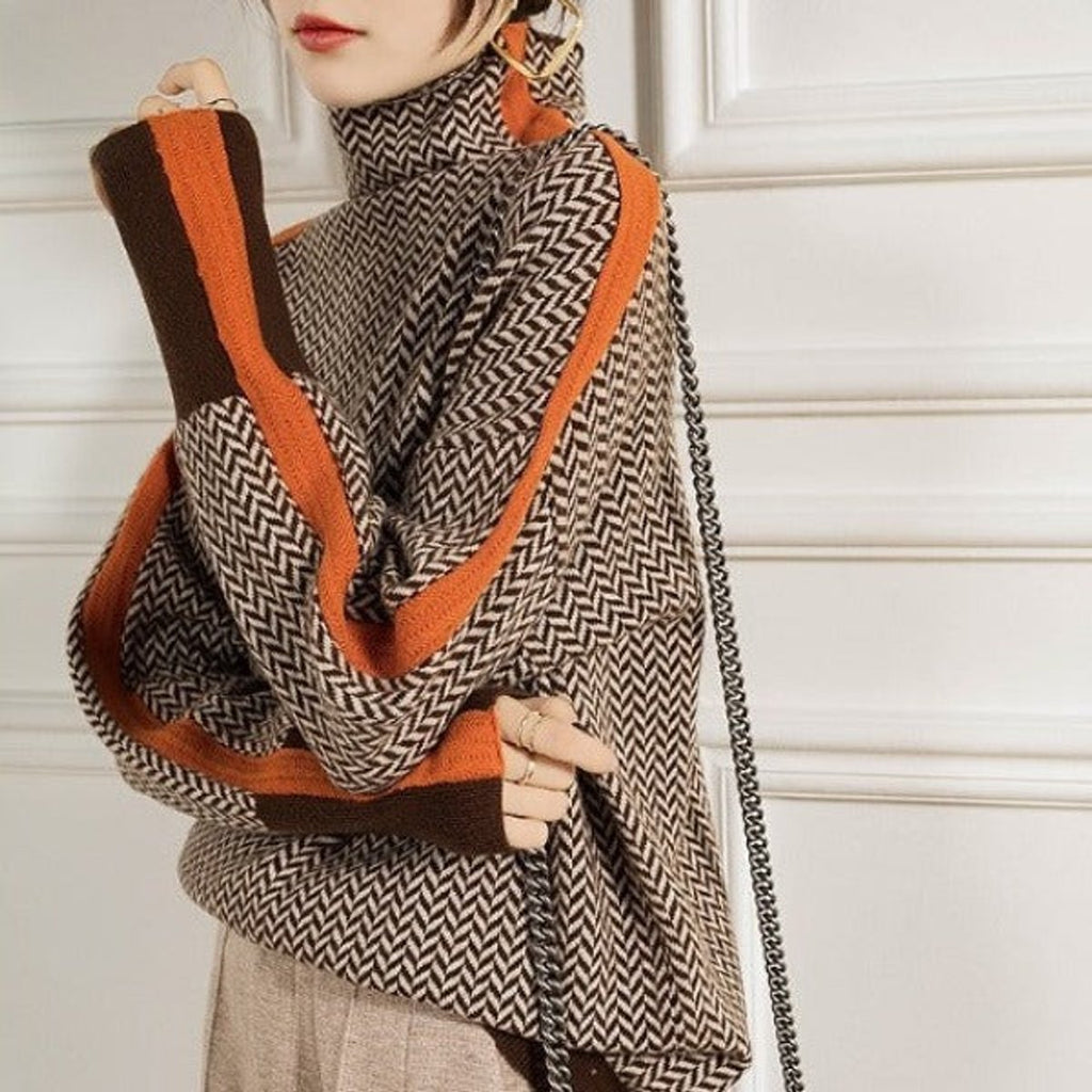 Women's Herringbone Oversized Turtleneck Sweater Contrast Trim