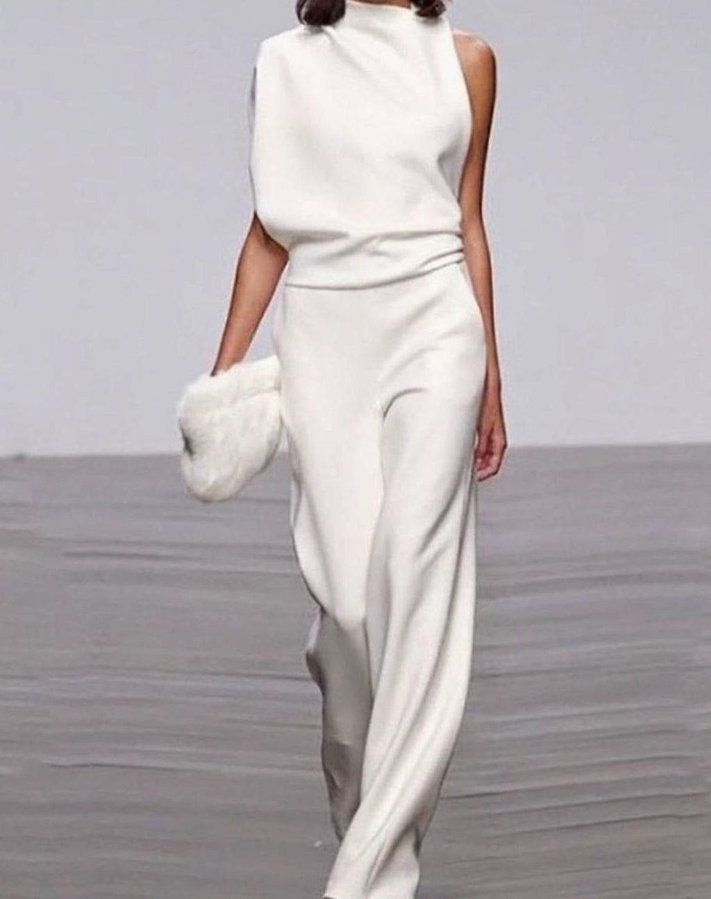 Women's High Neck Asymmetric Shoulder Jumpsuit Wide-Leg Formal - White