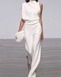 Women's High Neck Asymmetric Shoulder Jumpsuit Wide-Leg Formal - White