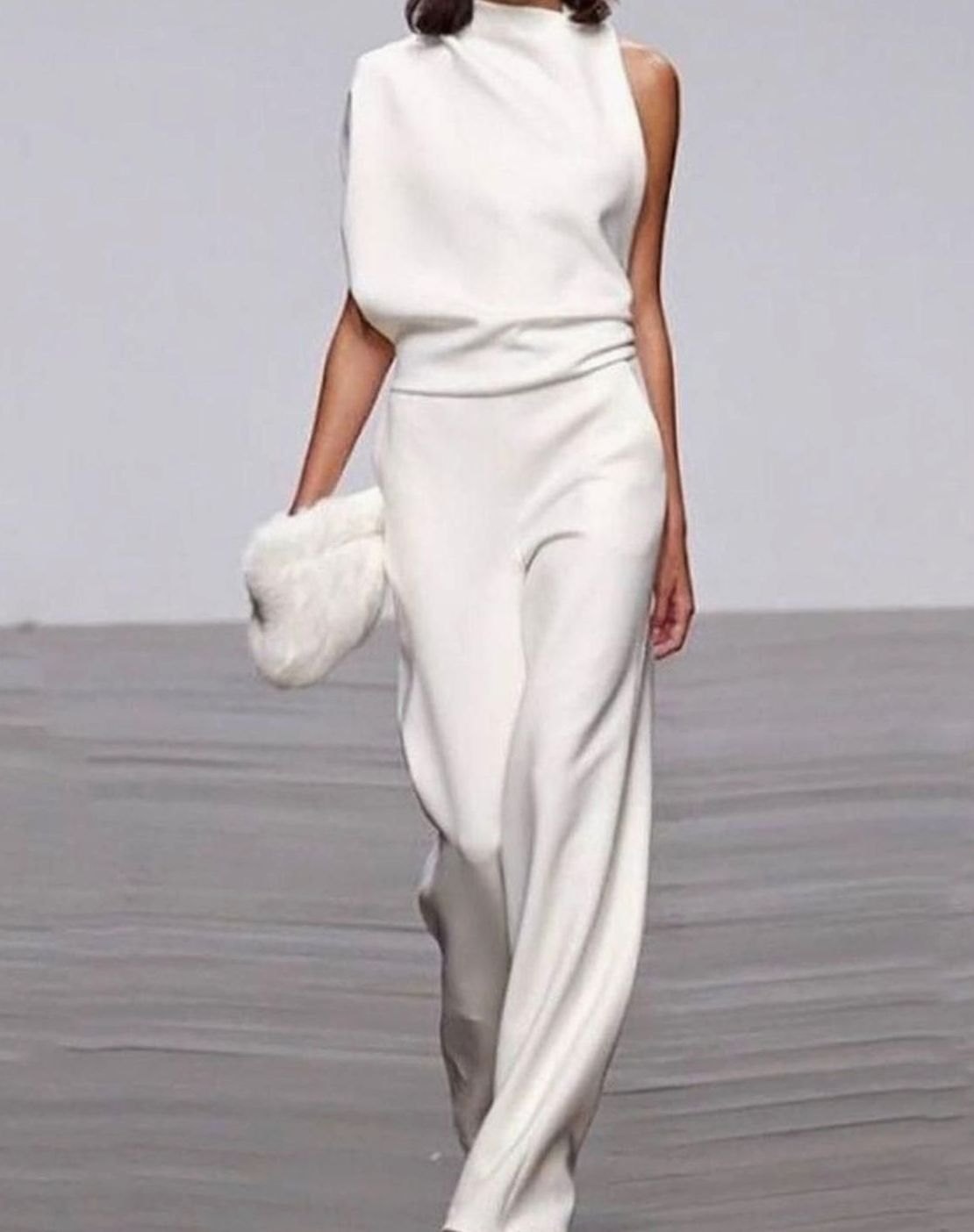 Women's High Neck Asymmetric Shoulder Jumpsuit Wide-Leg Formal - White