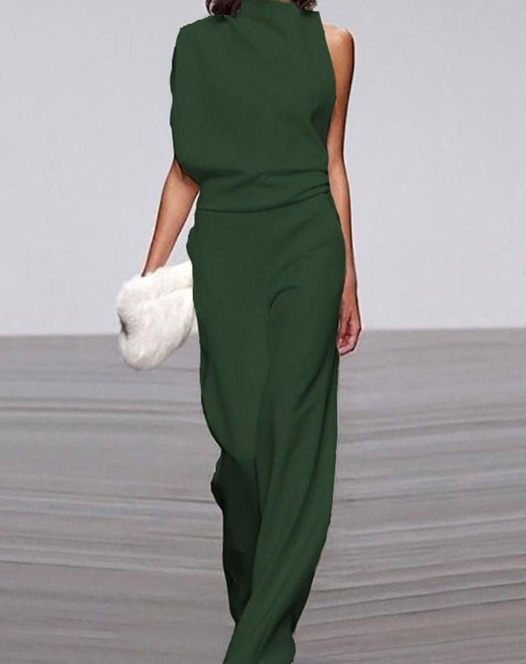 Women's High Neck Asymmetric Shoulder Jumpsuit Wide-Leg Formal - Green
