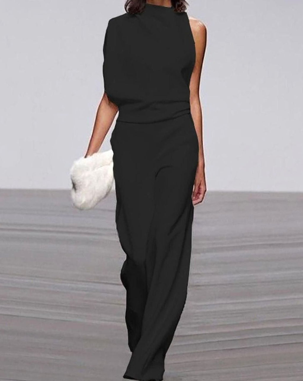 Women's High Neck Asymmetric Shoulder Jumpsuit Wide-Leg Formal - Black