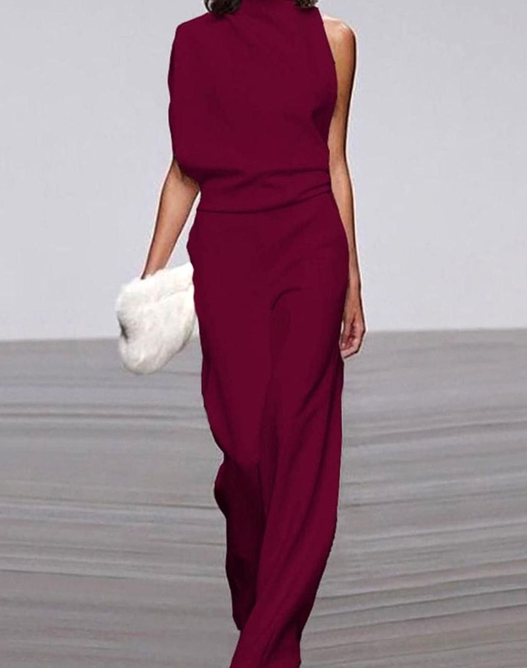 Women's High Neck Asymmetric Shoulder Jumpsuit Wide-Leg Formal - Dark Red