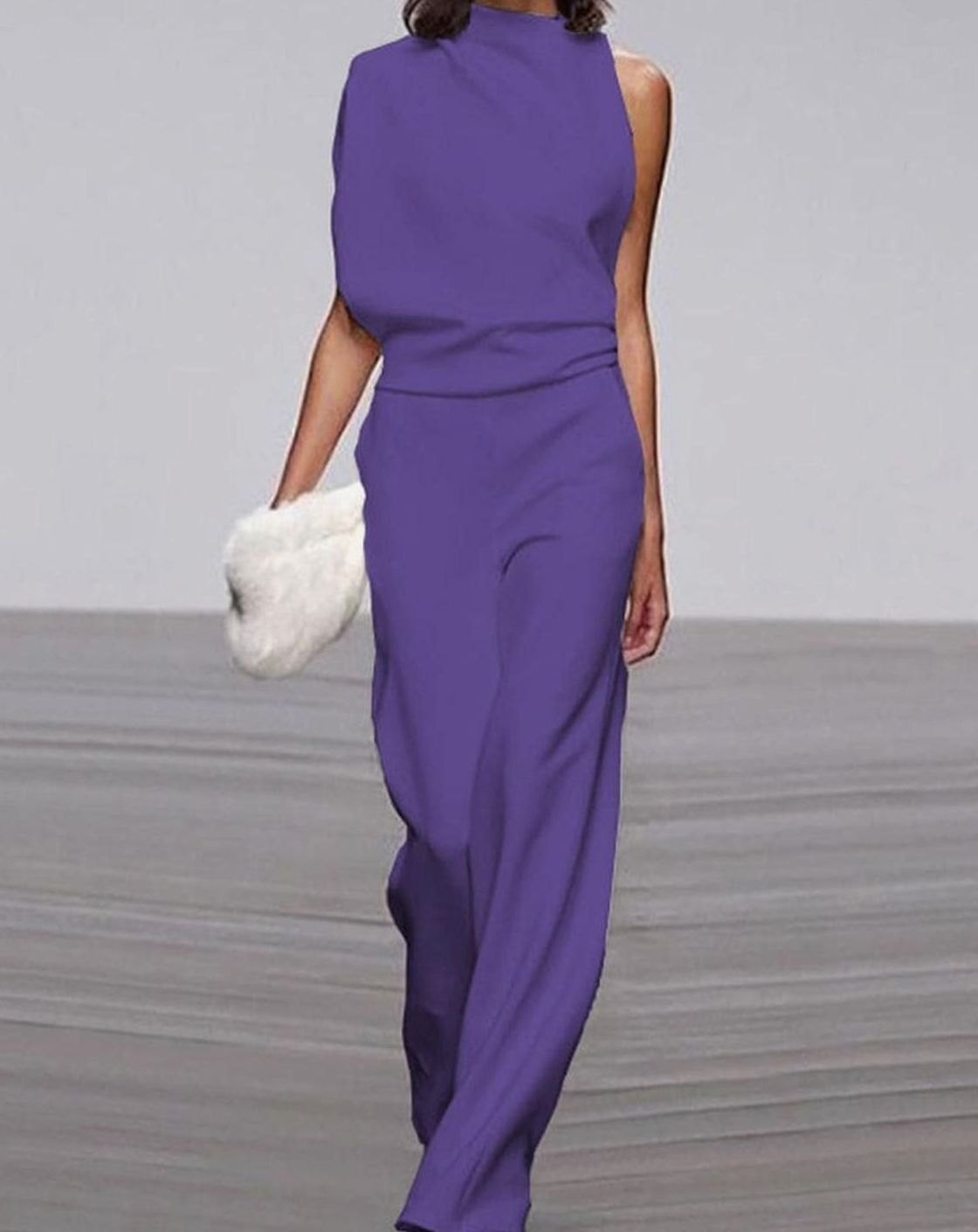 Women's High Neck Asymmetric Shoulder Jumpsuit Wide-Leg Formal - Purple