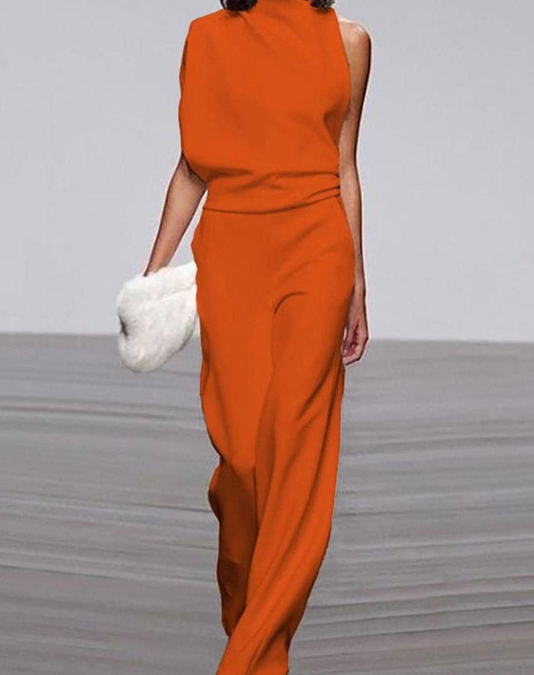 Women's High Neck Asymmetric Shoulder Jumpsuit Wide-Leg Formal - Orange