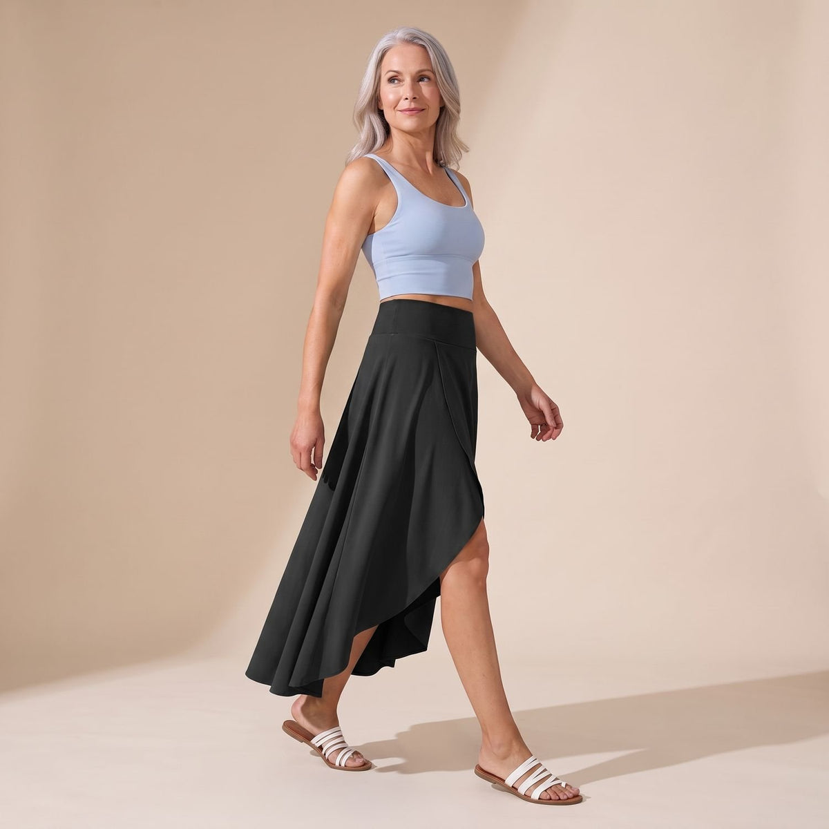 Women's High-Waist A-Line Midi Skirt High-Low Hem Built-In Shorts - Black