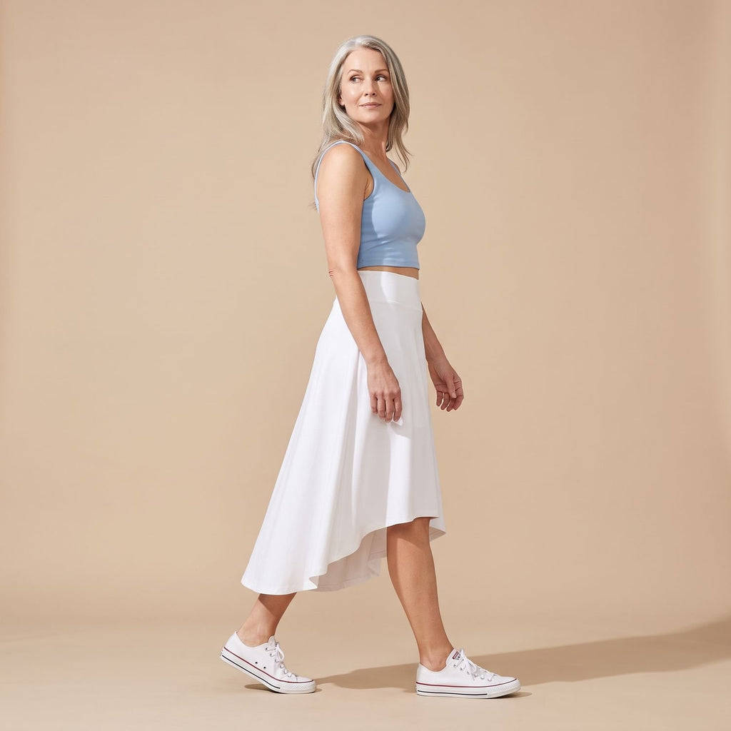 Women's High-Waist A-Line Midi Skirt High-Low Hem Built-In Shorts - White