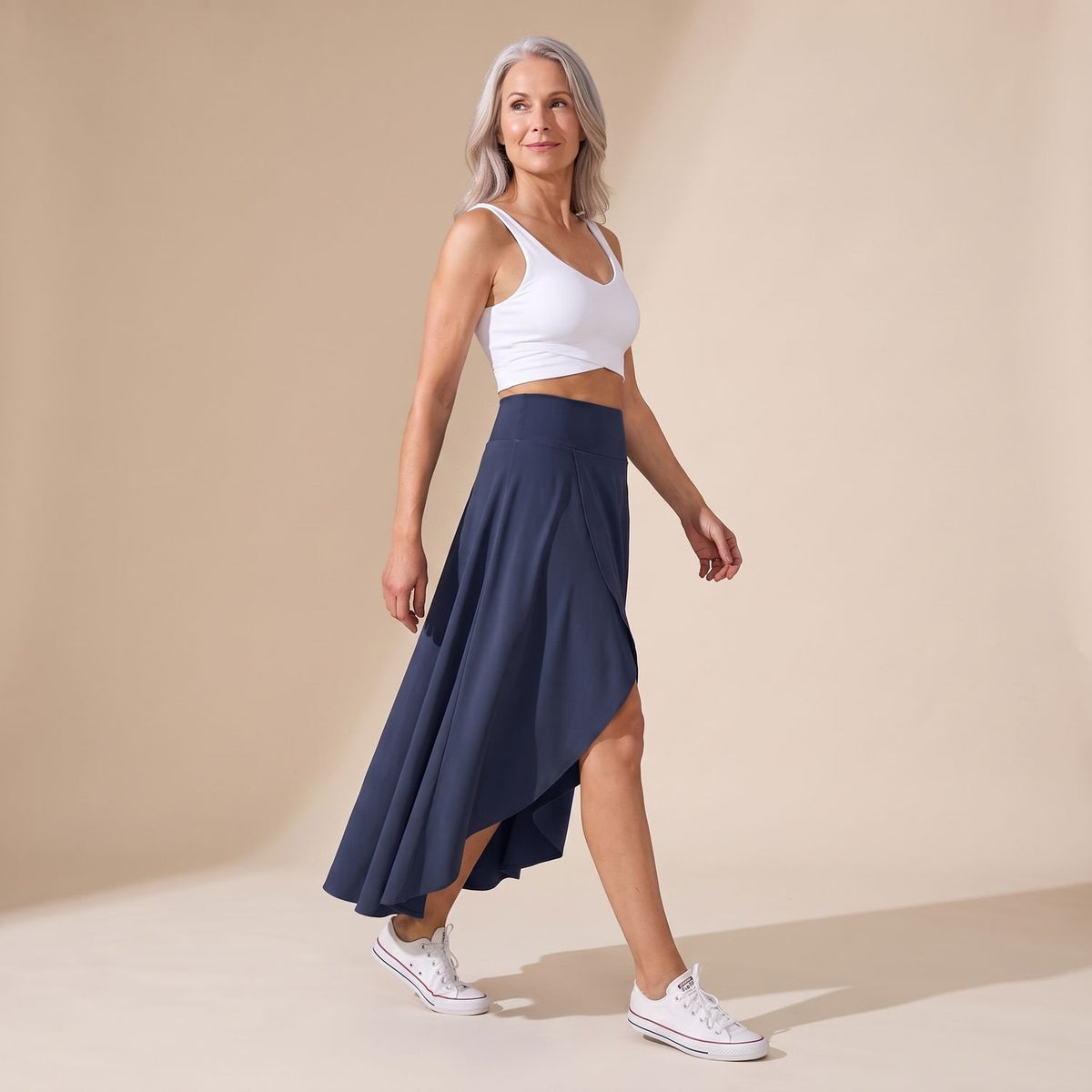 Women's High-Waist A-Line Midi Skirt High-Low Hem Built-In Shorts - Blue