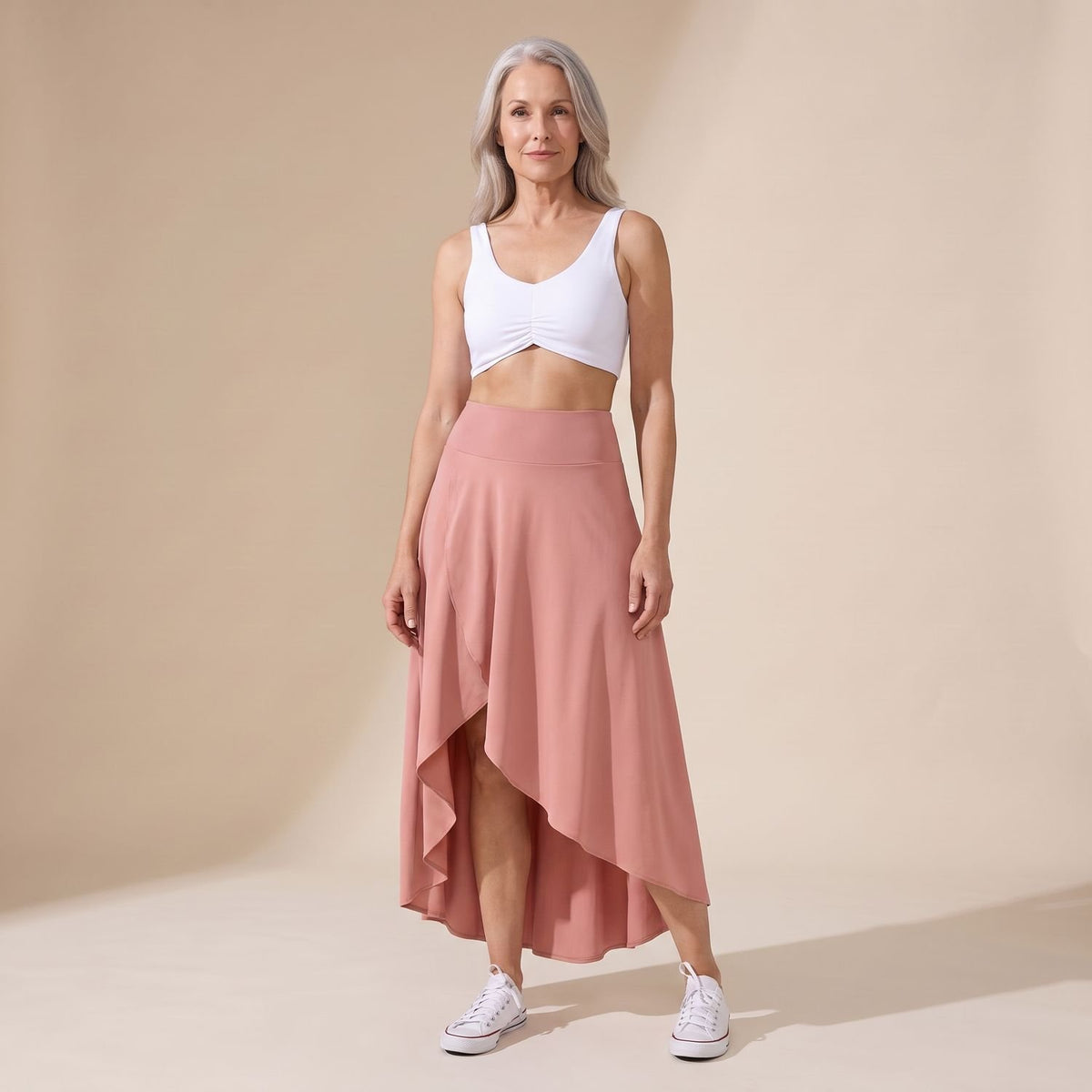 Women's High-Waist A-Line Midi Skirt High-Low Hem Built-In Shorts - Pink
