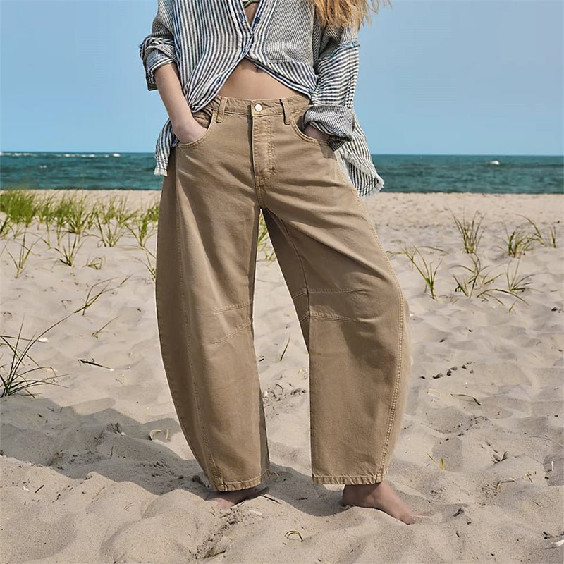 Women's High-Waist Barrel-Leg Relaxed-Fit Denim Jeans - Beige