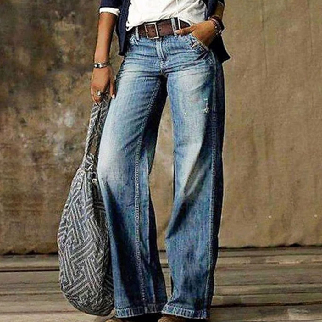 Women's High-Waist Distressed Wide-Leg Jeans Flared Denim Pants - Light Blue