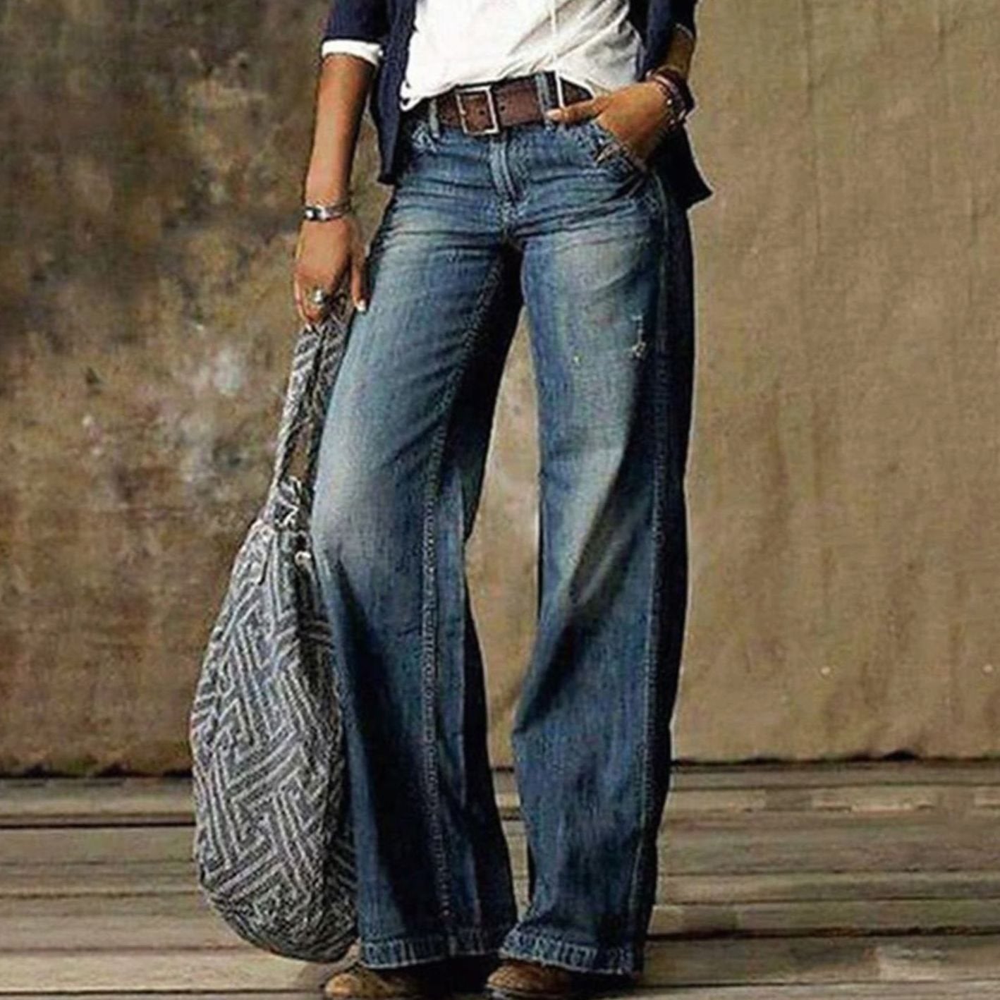 Women's High-Waist Distressed Wide-Leg Jeans Flared Denim Pants - Blue