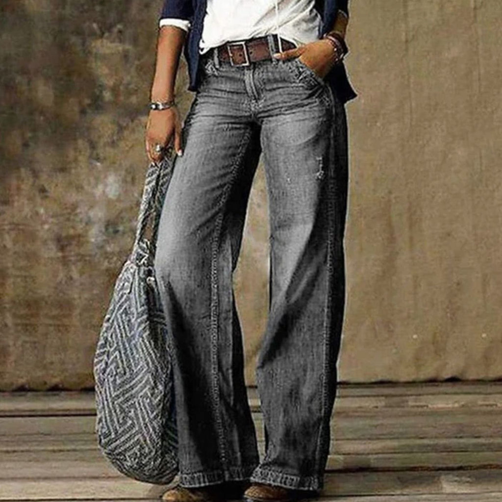 Women's High-Waist Distressed Wide-Leg Jeans Flared Denim Pants - Light Gray