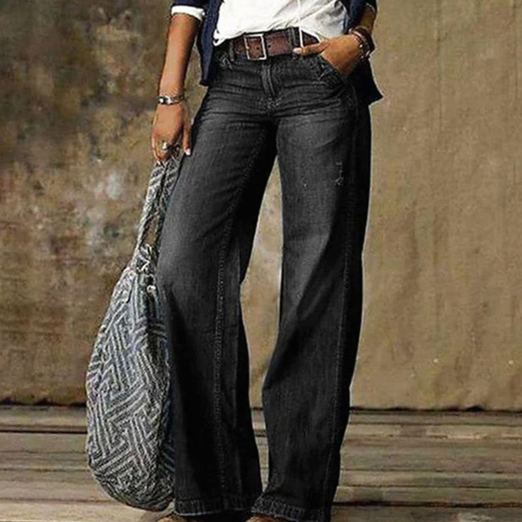 Women's High-Waist Distressed Wide-Leg Jeans Flared Denim Pants - Gray