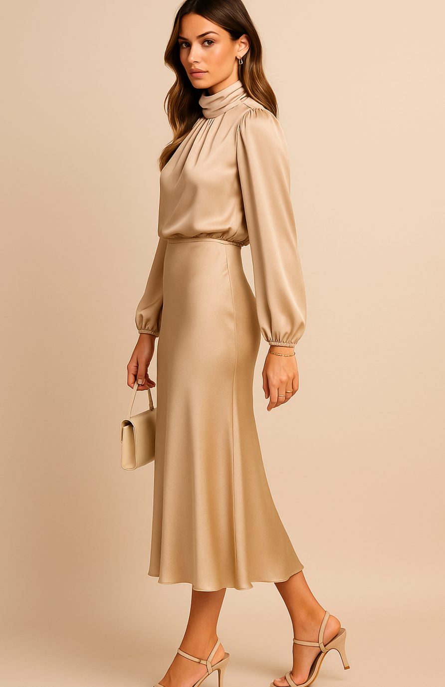 Women's High-Waist Mock-Neck Satin Midi Dress
