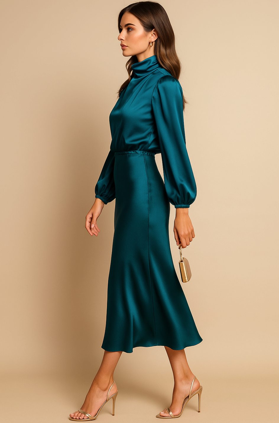 Women's High-Waist Mock-Neck Satin Midi Dress - Blue