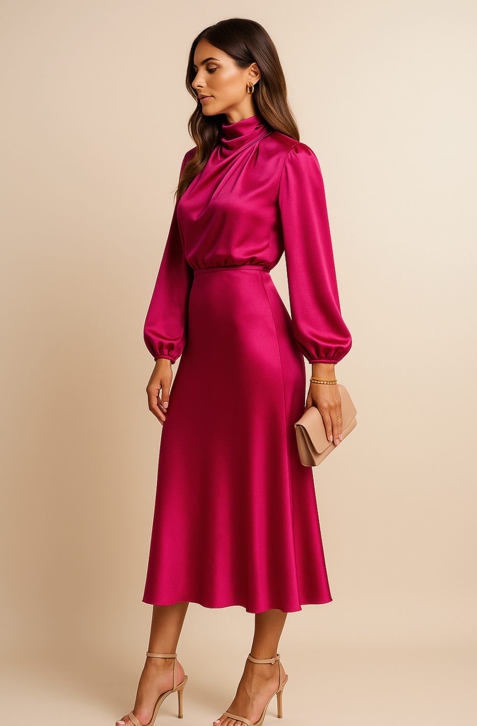 Women's High-Waist Mock-Neck Satin Midi Dress
