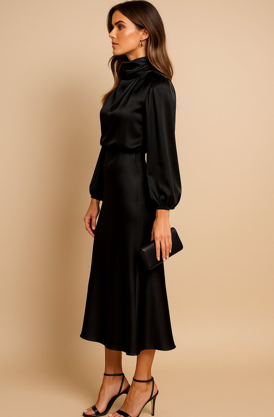 Women's High-Waist Mock-Neck Satin Midi Dress