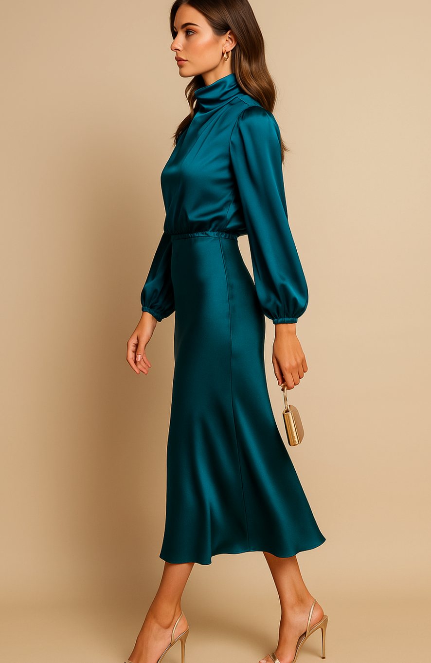 Women's High-Waist Mock-Neck Satin Midi Dress
