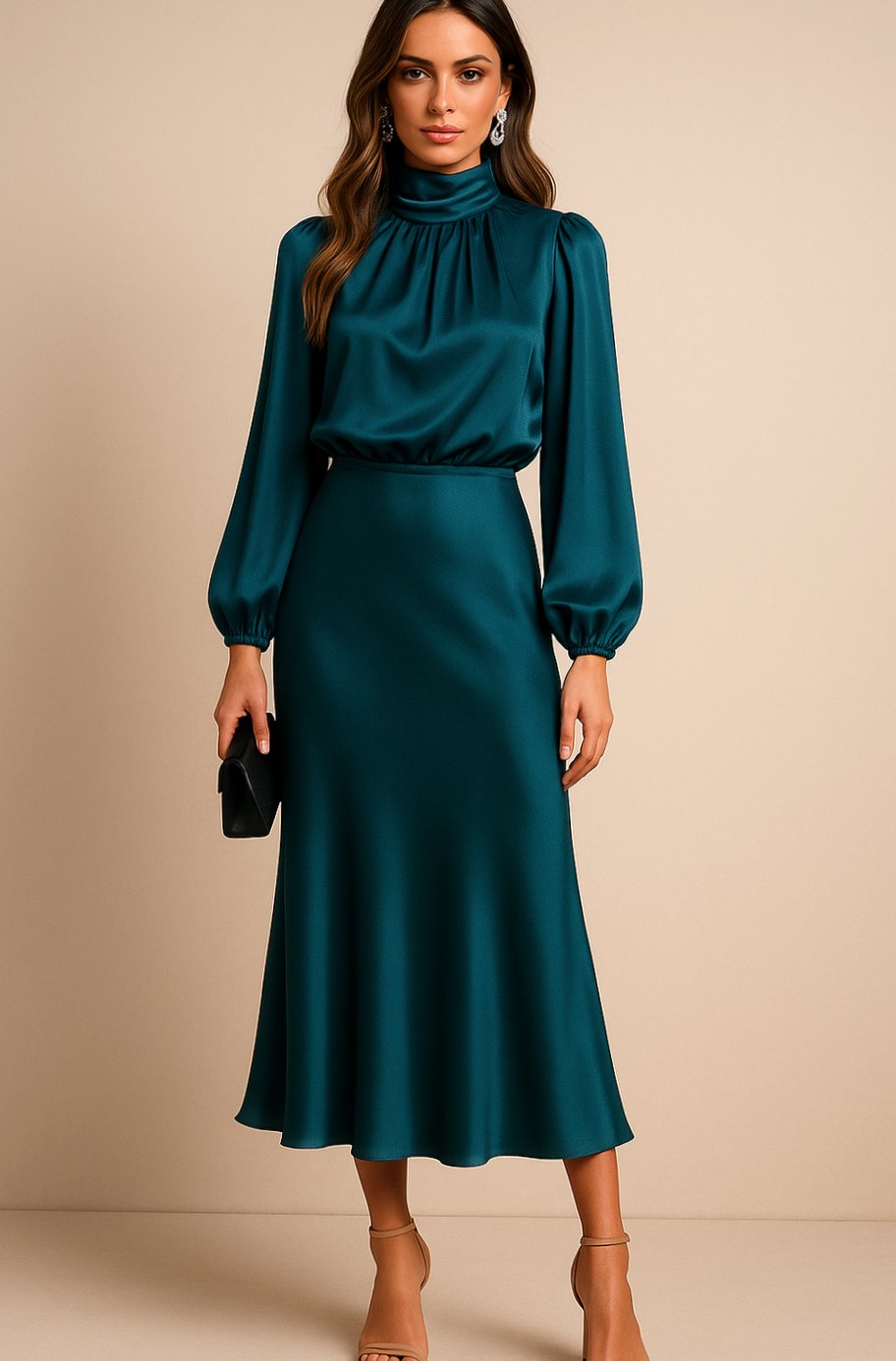 Women's High-Waist Mock-Neck Satin Midi Dress