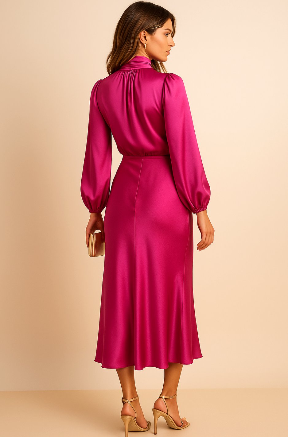 Women's High-Waist Mock-Neck Satin Midi Dress