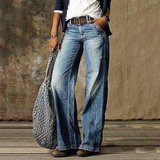 Women's High-Waist Retro Wide-Leg Distressed Denim Jeans - Light blue