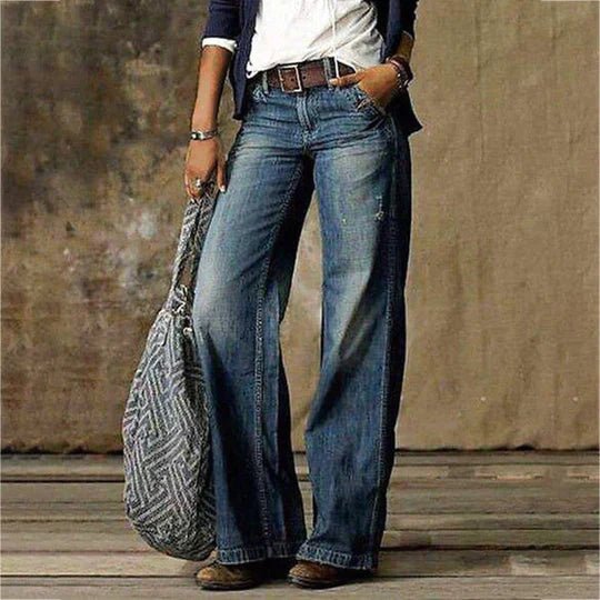 Women's High-Waist Retro Wide-Leg Distressed Denim Jeans - Blue