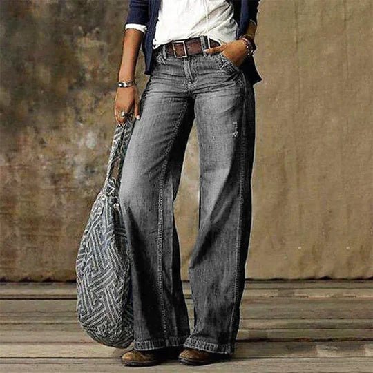 Women's High-Waist Retro Wide-Leg Distressed Denim Jeans - Light gray