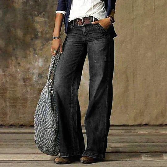 Women's High-Waist Retro Wide-Leg Distressed Denim Jeans - Black
