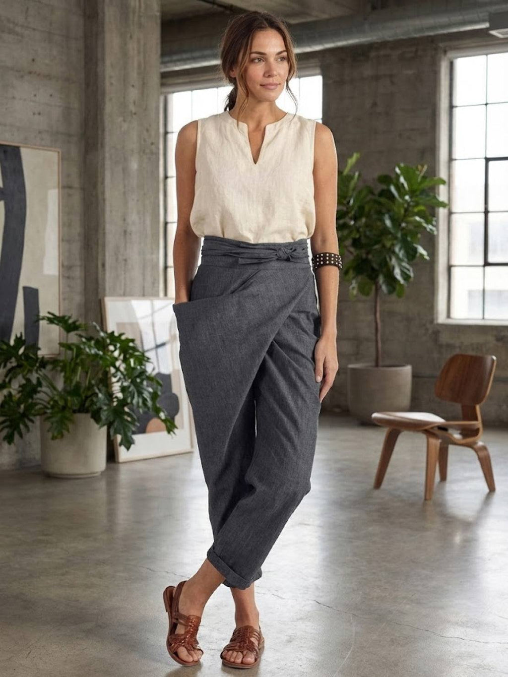 Women's High-Waist Wrap-Front Cropped Tapered Pants