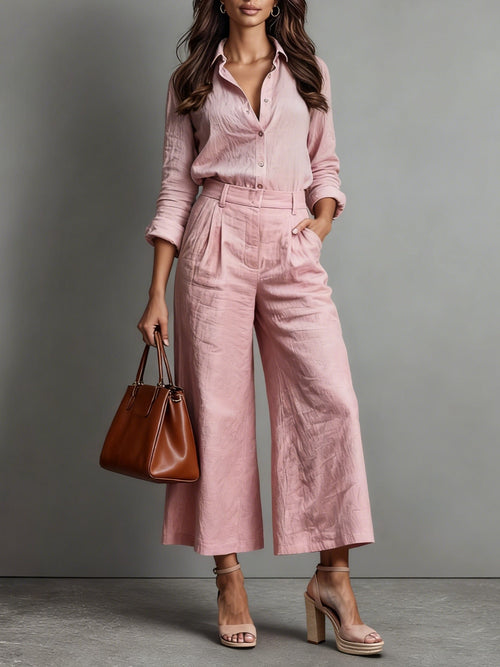 Women's High-Waisted Linen Two-Piece Cropped Wide-Leg Set - Pink