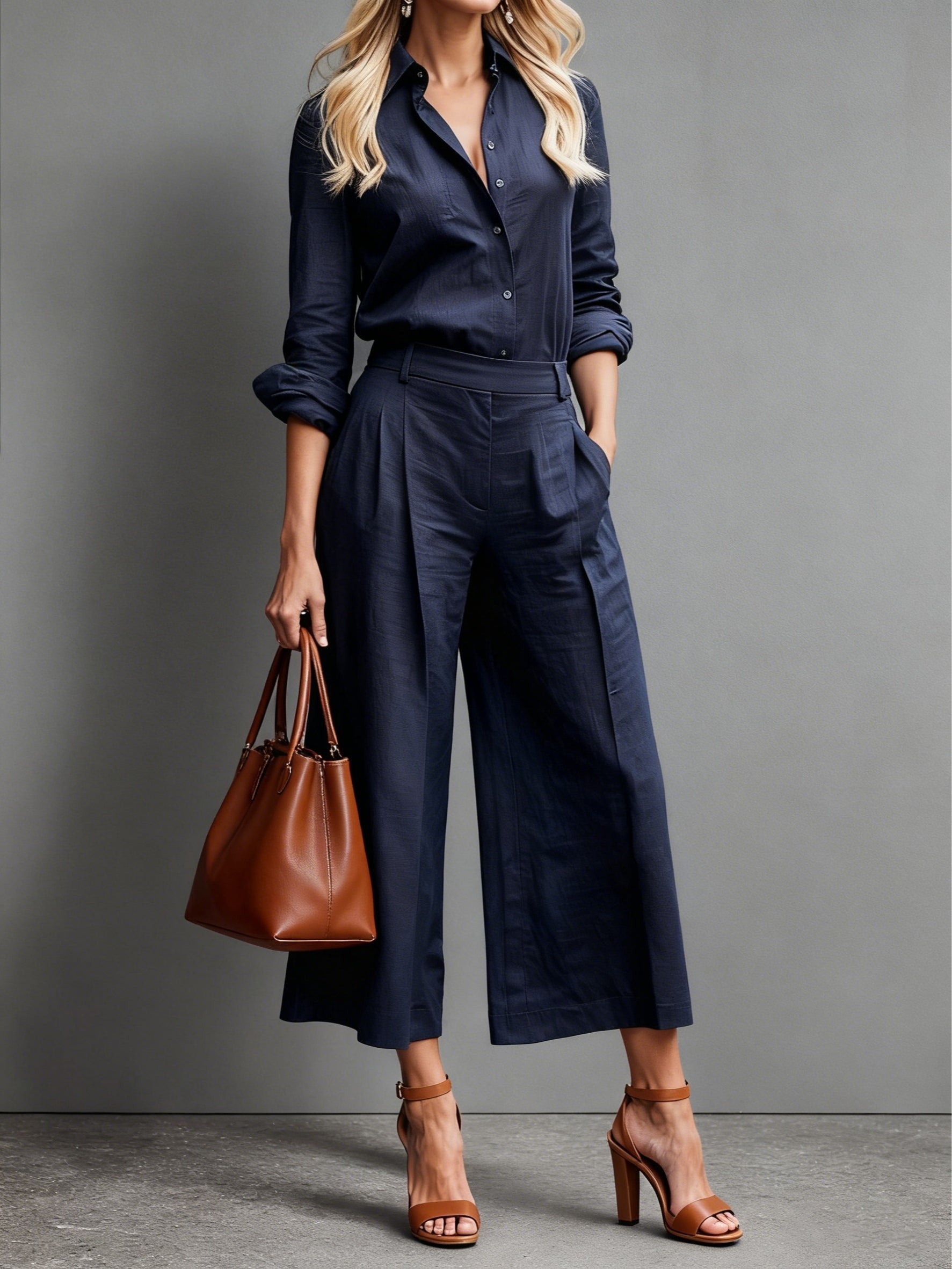 Women's High-Waisted Linen Two-Piece Cropped Wide-Leg Set - Navy