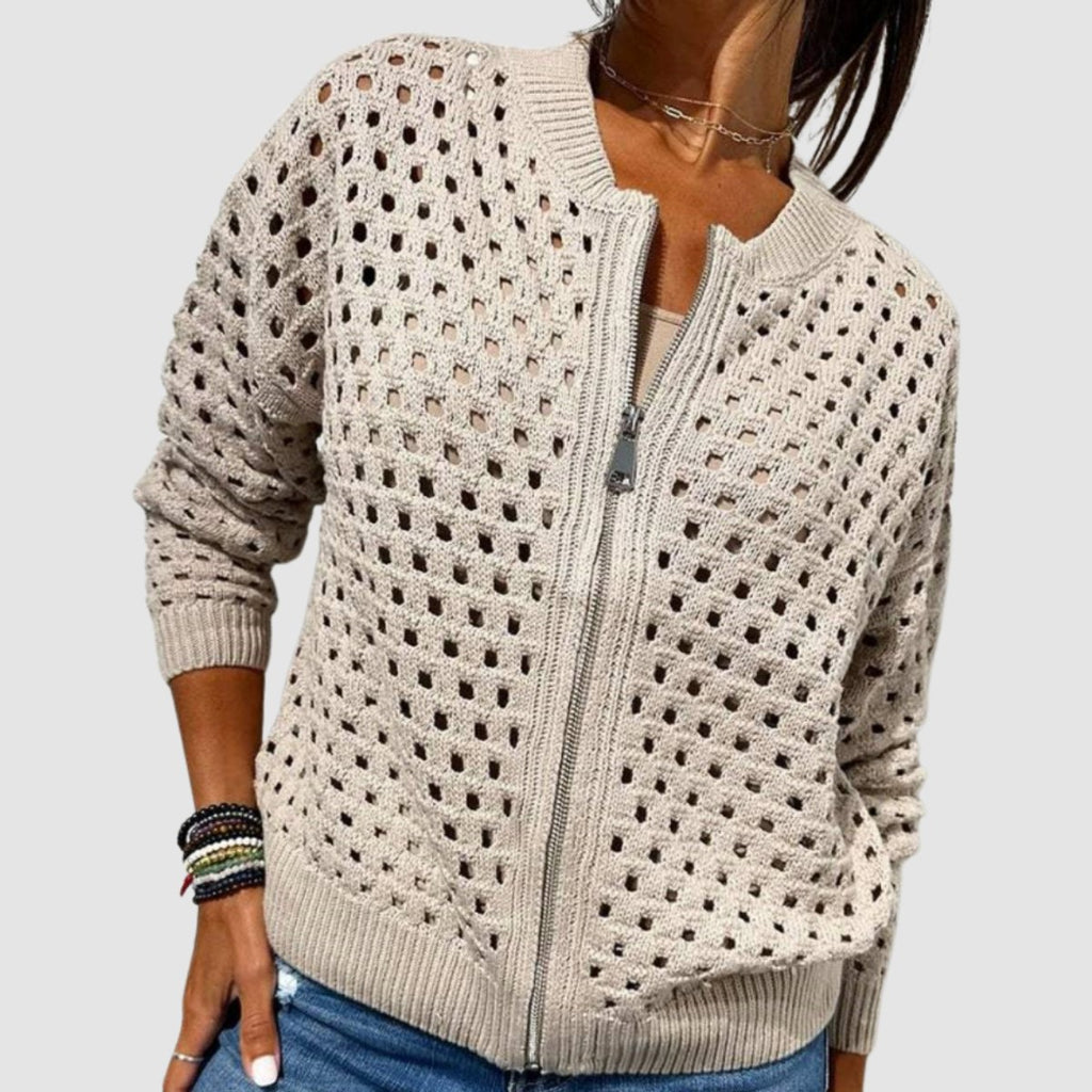 Women's Hollow-Knit Zip-Up Relaxed Cardigan Sweater - Beige